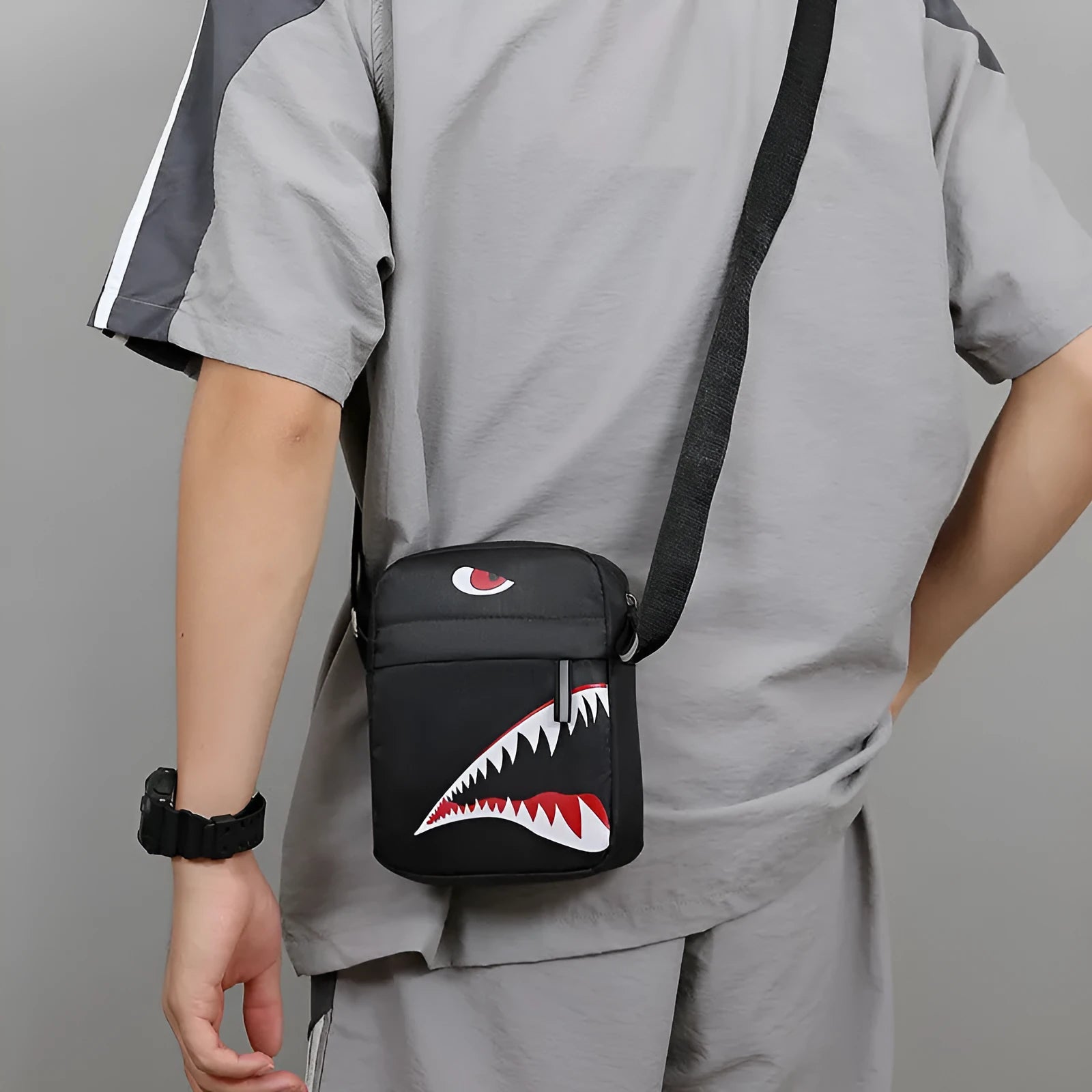 Men's small Oxford cloth crossbody bag with animal print pattern in black colour