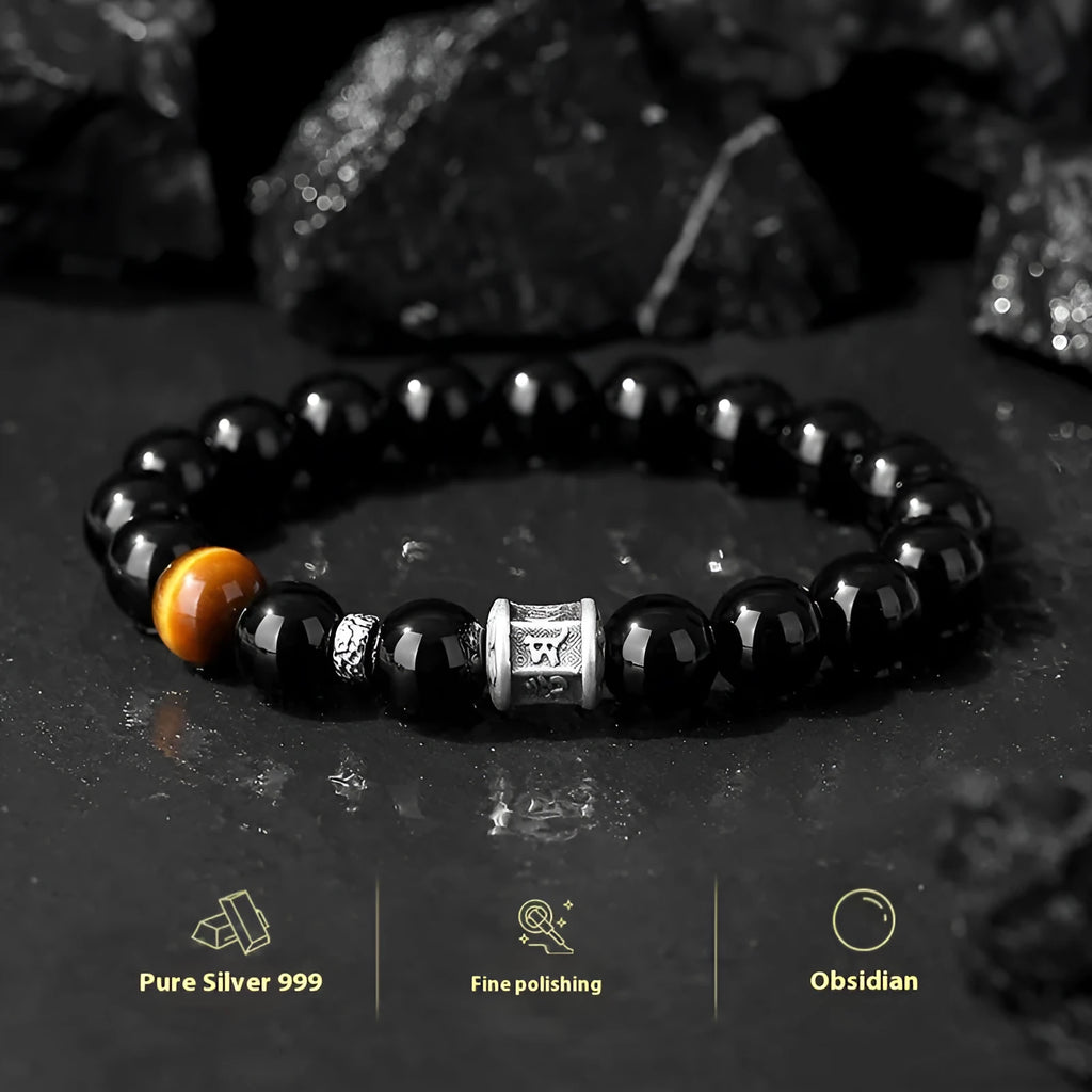 Men's obsidian bracelet with prayer wheel centrepiece and 10mm beads