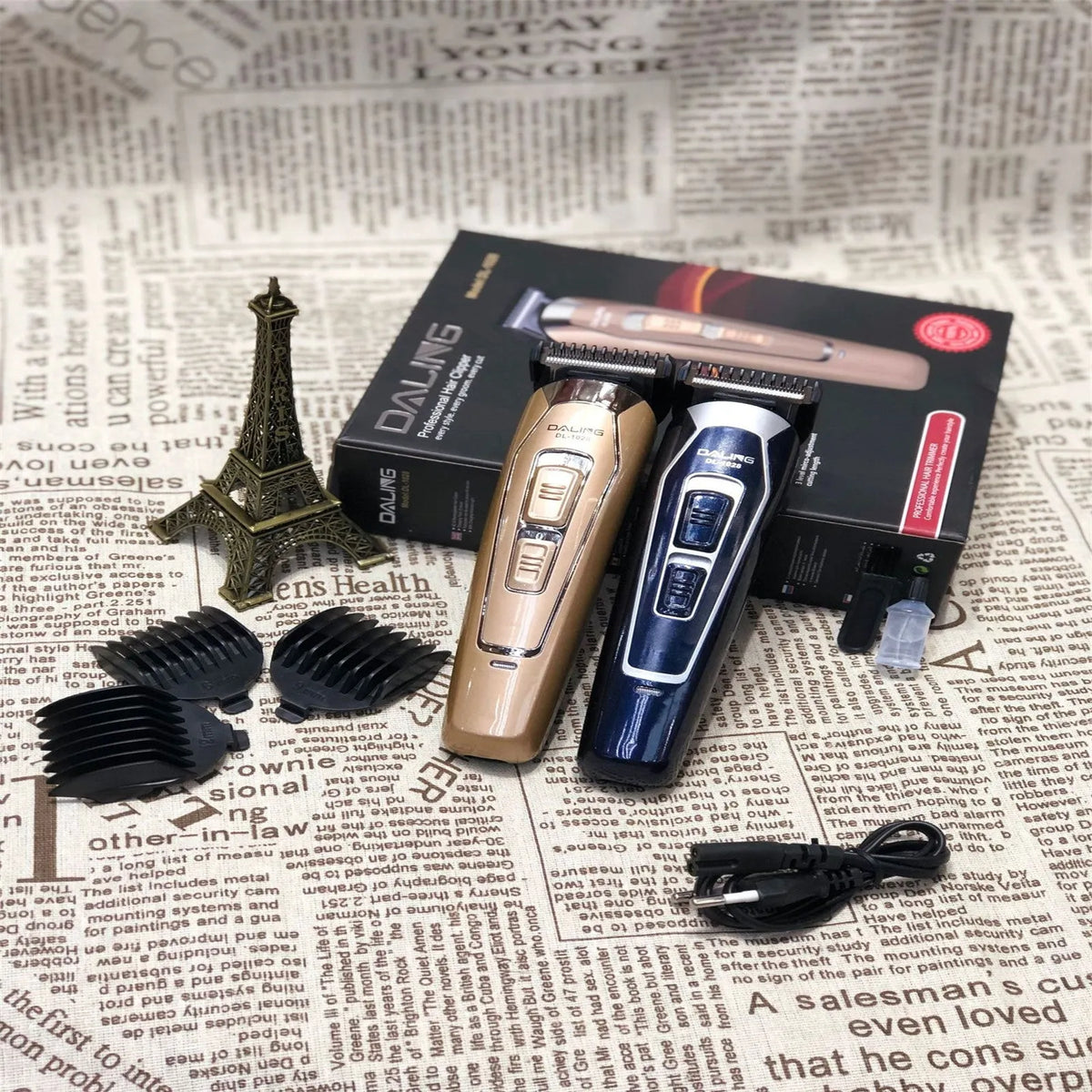 Rechargeable electric hair clipper in dark blue and coffee colours with stainless steel blades
