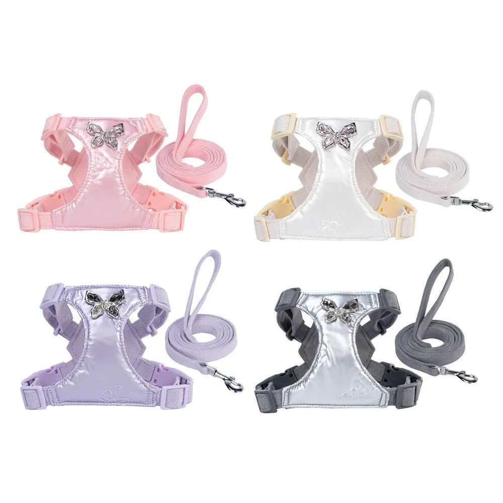 Small dog chest strap and hand holding traction rope set with metal butterfly, available in four colours and XXS to M sizes