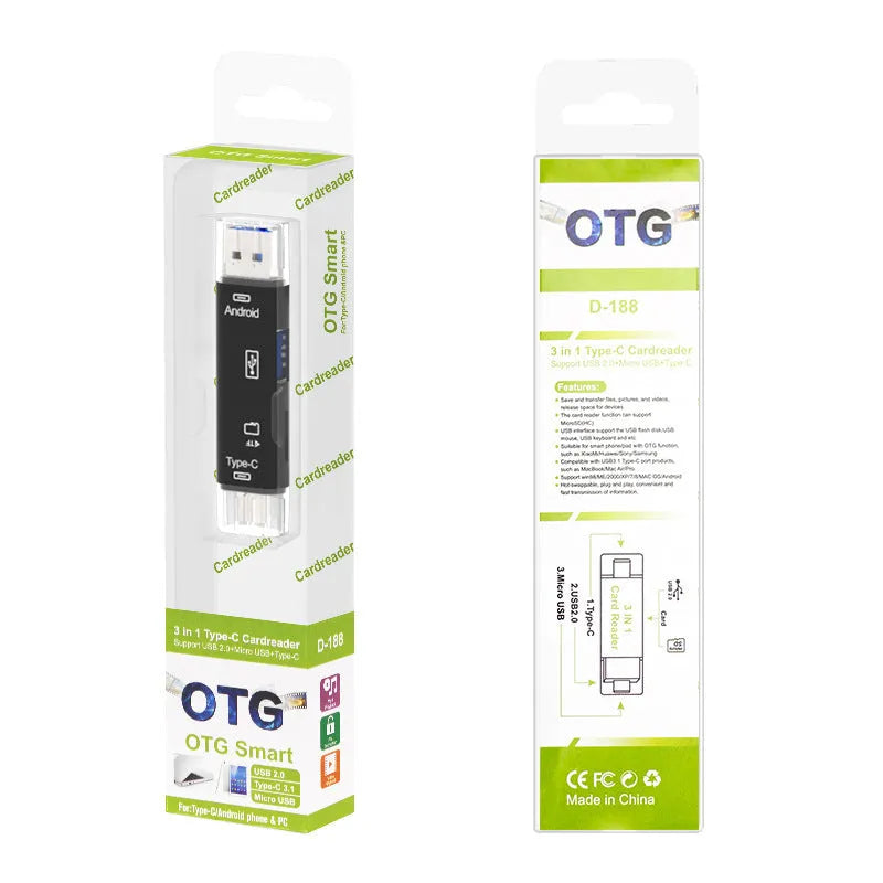 USB-C OTG Hub Adapter with Micro USB port and TF card reader in black or white