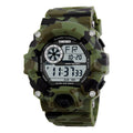 Multifunctional electronic sports watch with round dial, plastic strap, and 30M waterproof rating in army green colour.