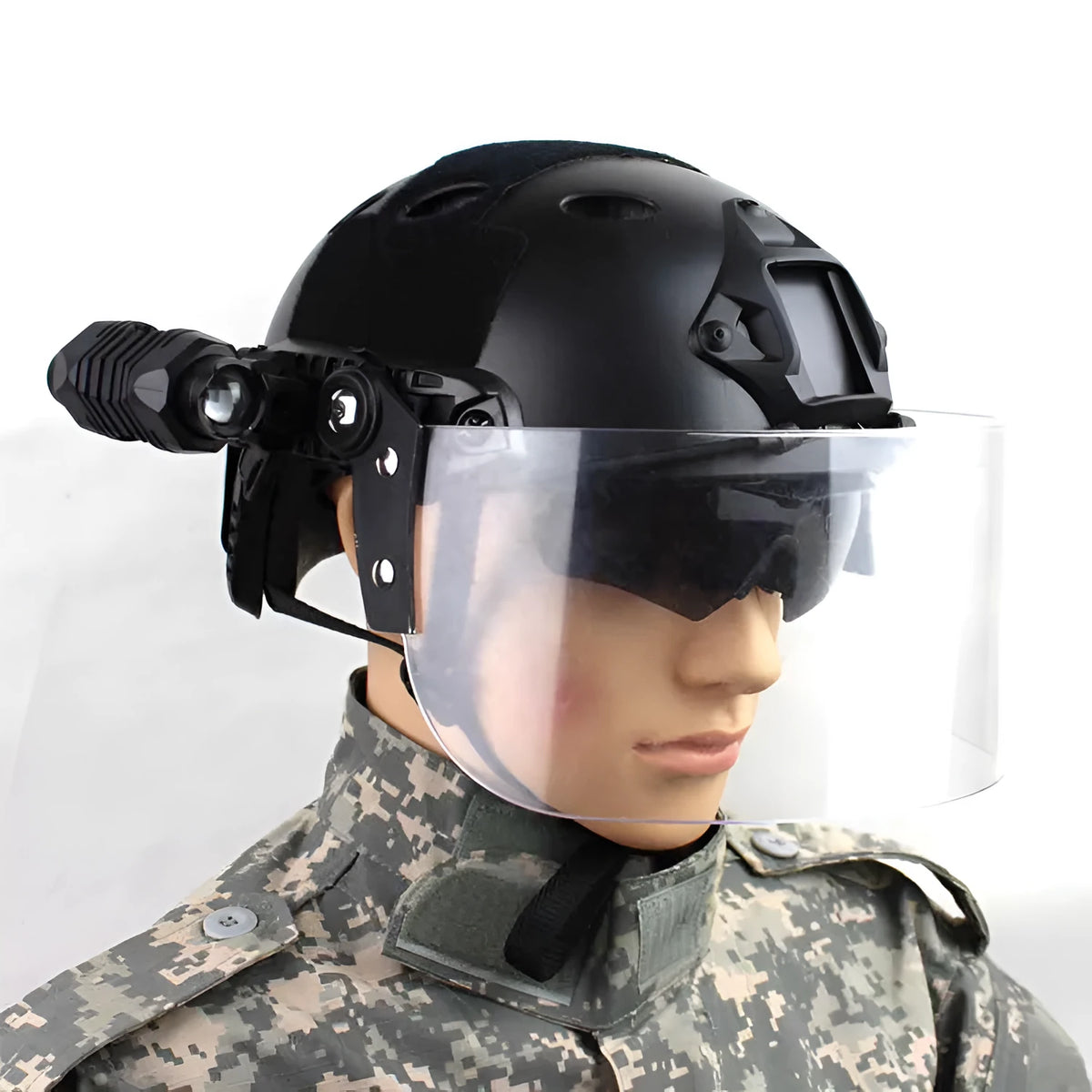 Transparent polycarbonate helmet face shield with semi-rimless frame measuring 30cm by 15cm