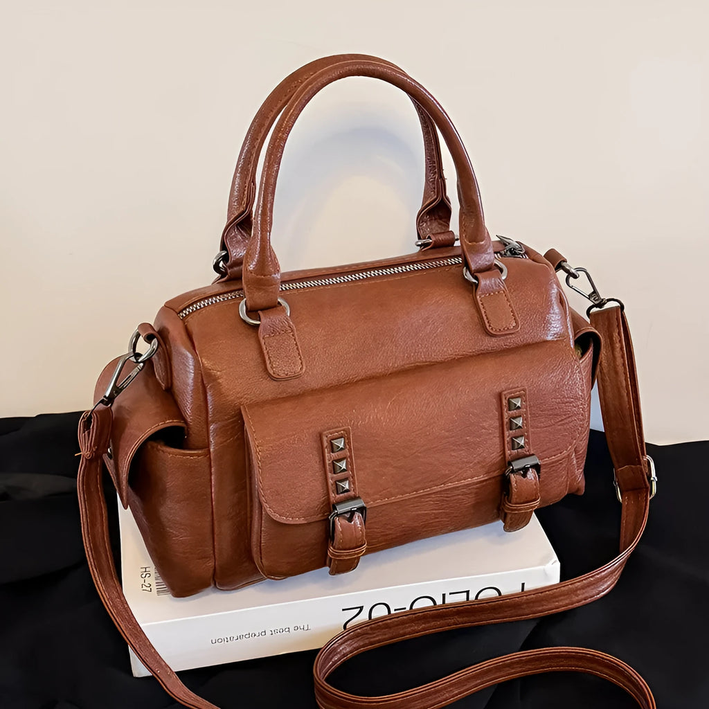 Large vintage messenger bag in PU leather with contrast stitching, shown in horizontal square shape.
