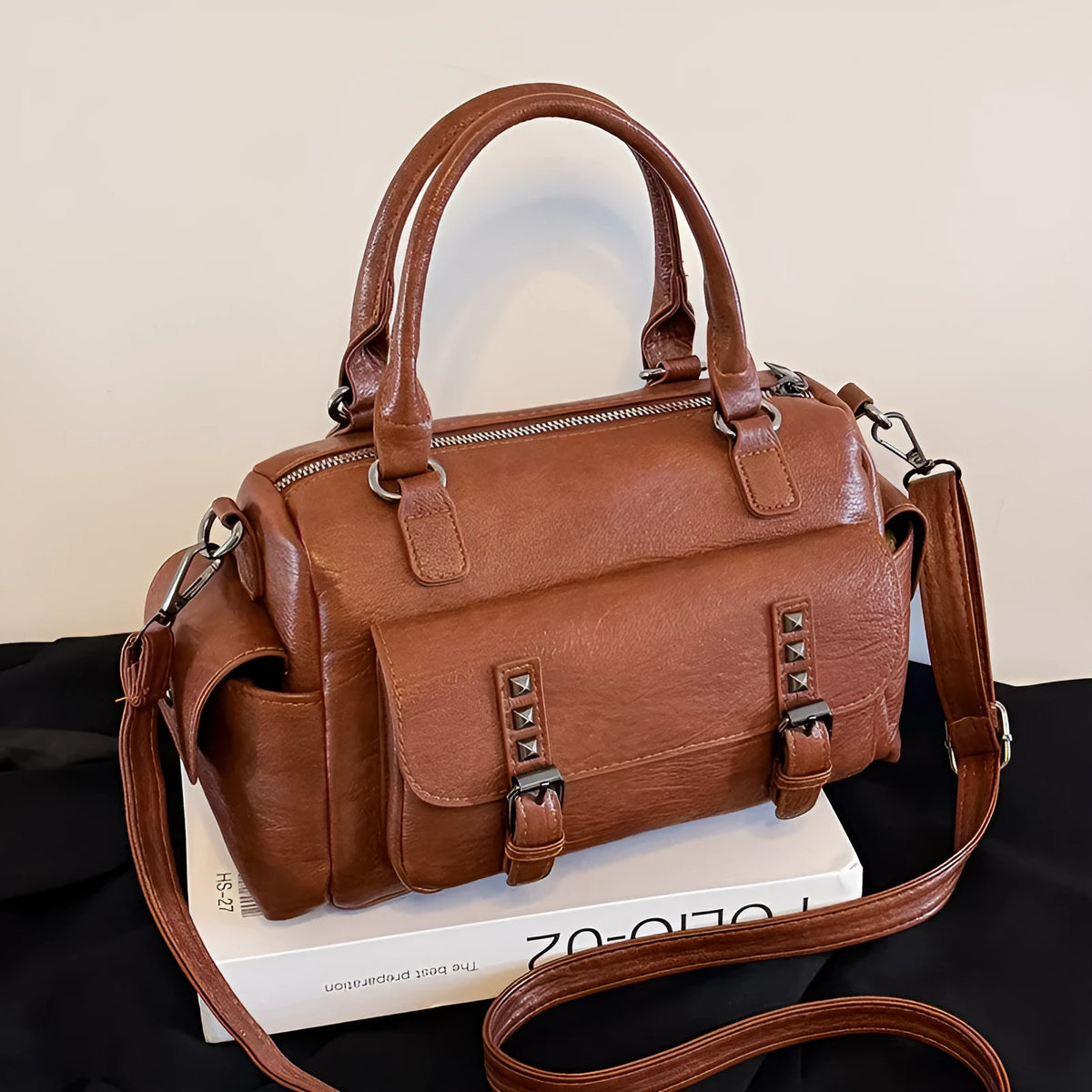Large vintage messenger bag in PU leather with contrast stitching, shown in horizontal square shape.