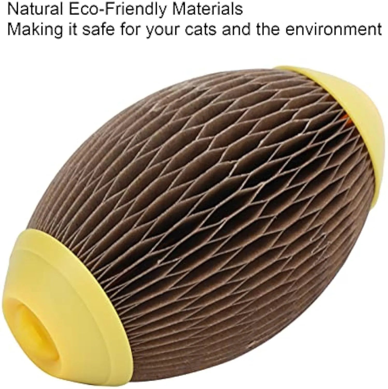 Elliptical catnip ball toy made from recycled corrugated paper for cats to play with.