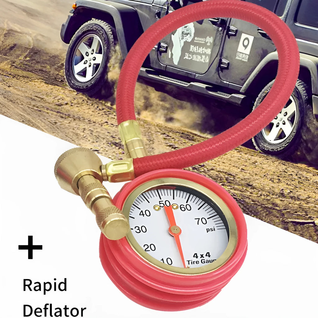 Copper and rubber mechanical tyre pressure gauge with deflation valve for SUVs and off-road vehicles.