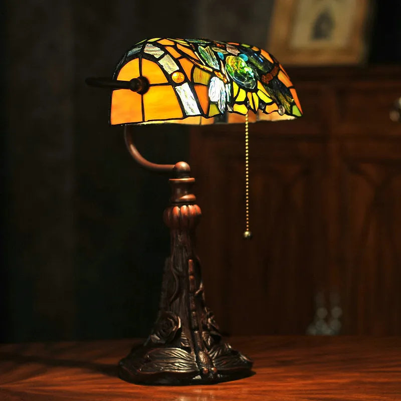 10-inch Tiffany table lamp with coloured stained glass shade on resin base for study room decoration