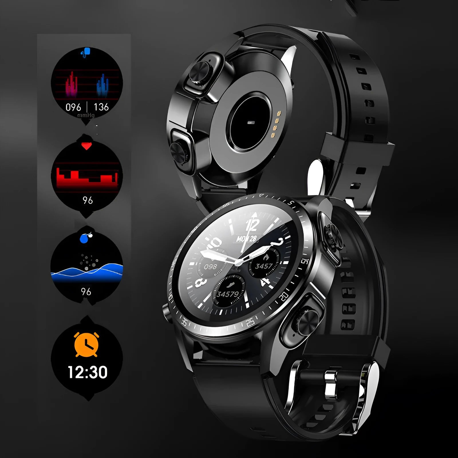 Black smart watch with blood pressure monitoring on a silicone strap, showing its 1.28-inch screen.