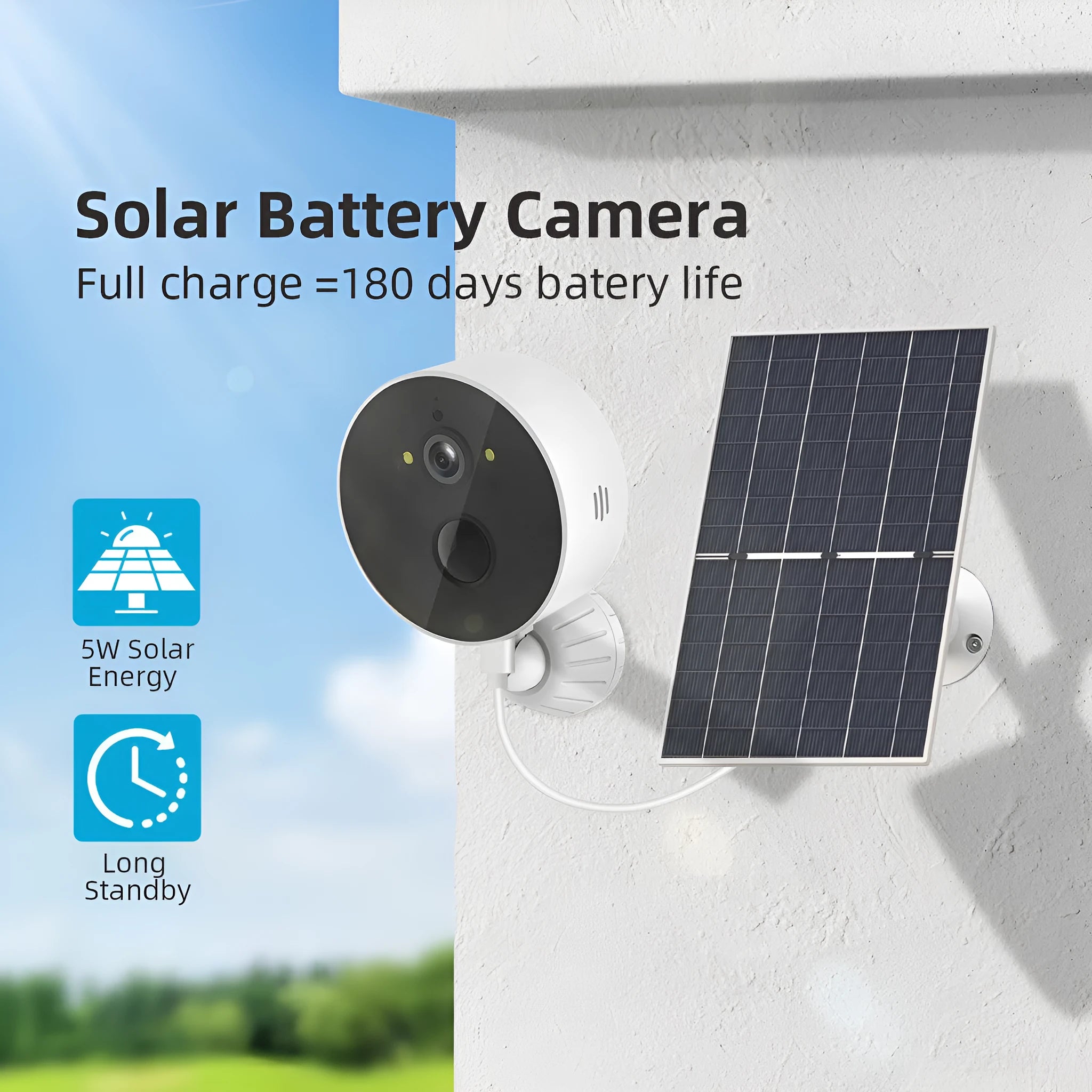 Solar-powered outdoor security camera with attached solar panel for continuous charging