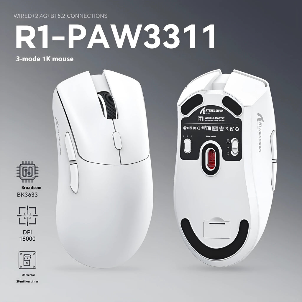 Black wireless mouse with three connection modes showing USB and Bluetooth interfaces