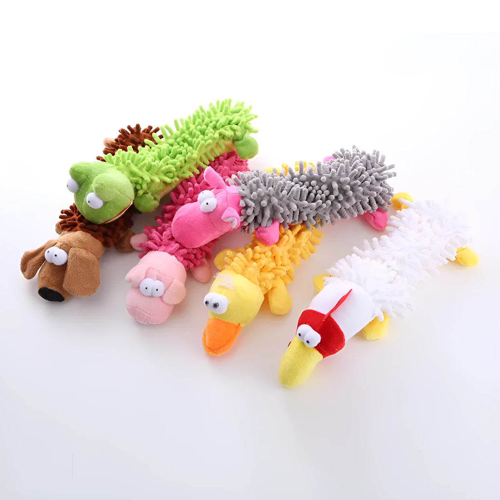 Plush horse molar dog chew toy in animal colour variations including brown dog, yellow duck, white chicken