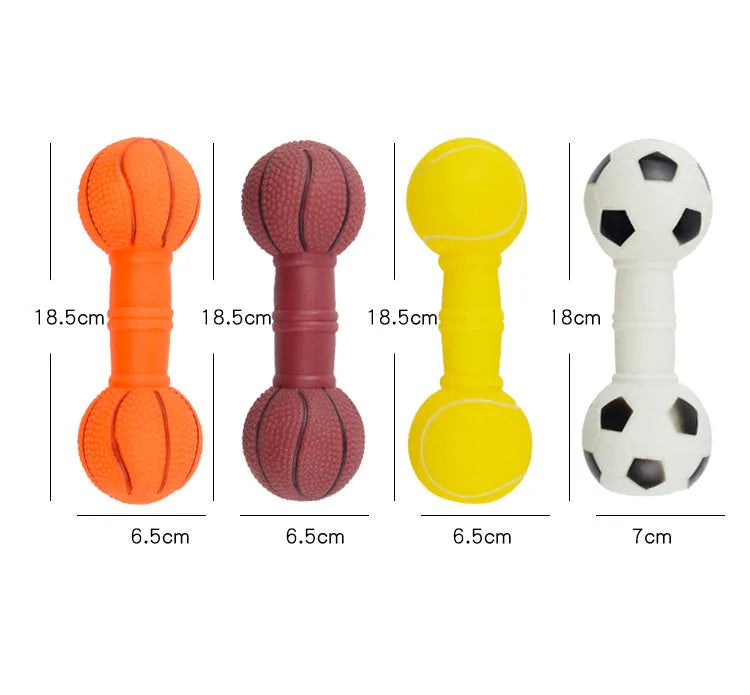Brown orange white yellow football dumbbell shaped PVC dog chew toy with squeaker
