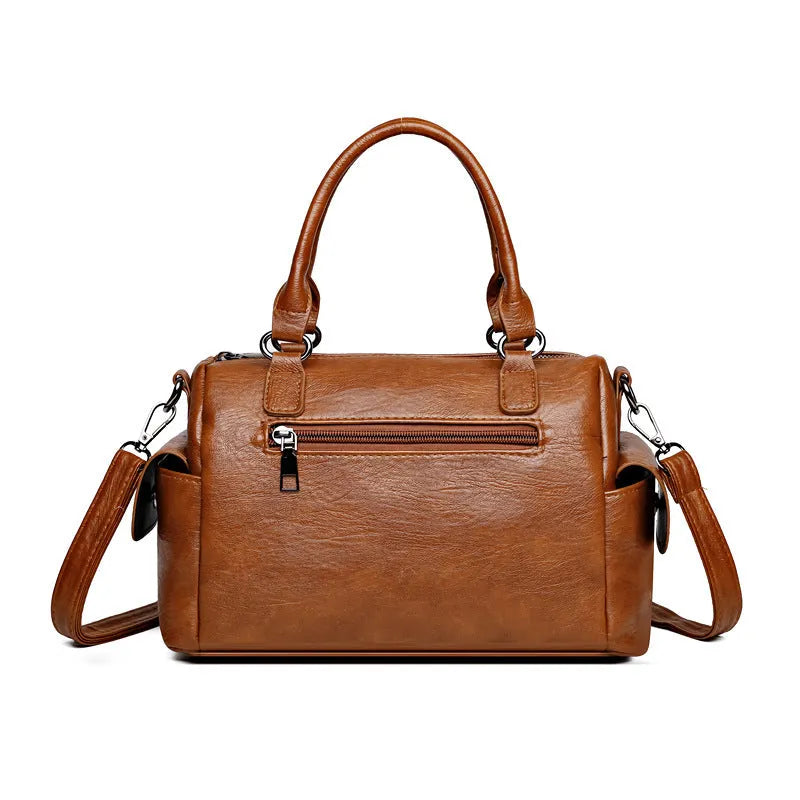 Large vintage messenger bag in PU leather with contrast stitching, shown in horizontal square shape.