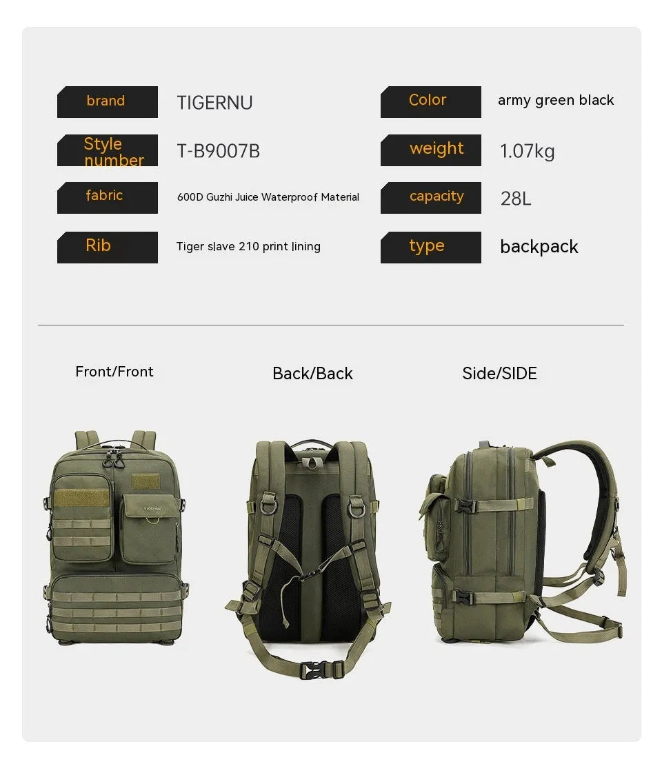 Army Green waterproof tactical nylon backpack with straps and compartments