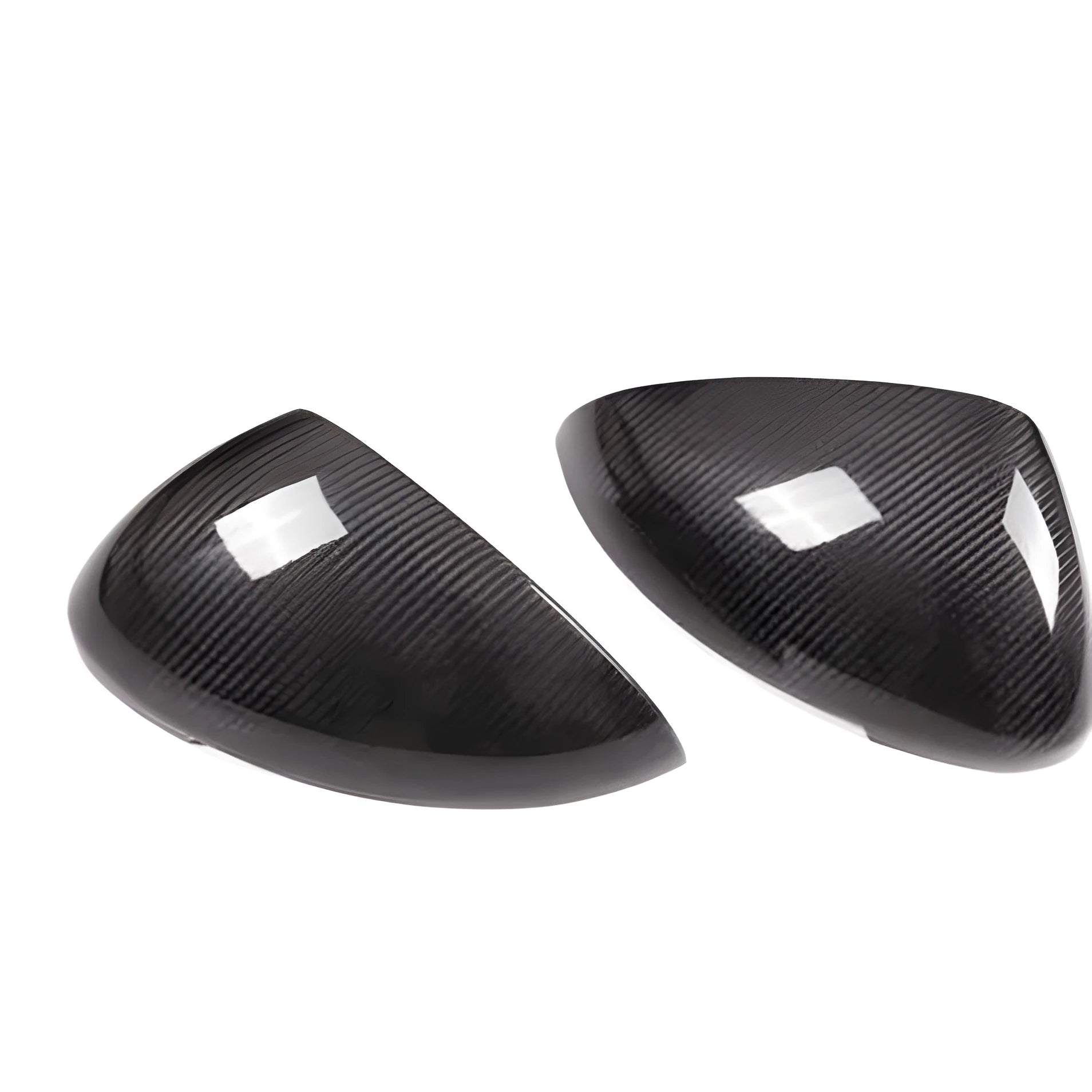 Pair of true carbon fibre rearview mirror covers for Porsche Macan, showing black woven texture.