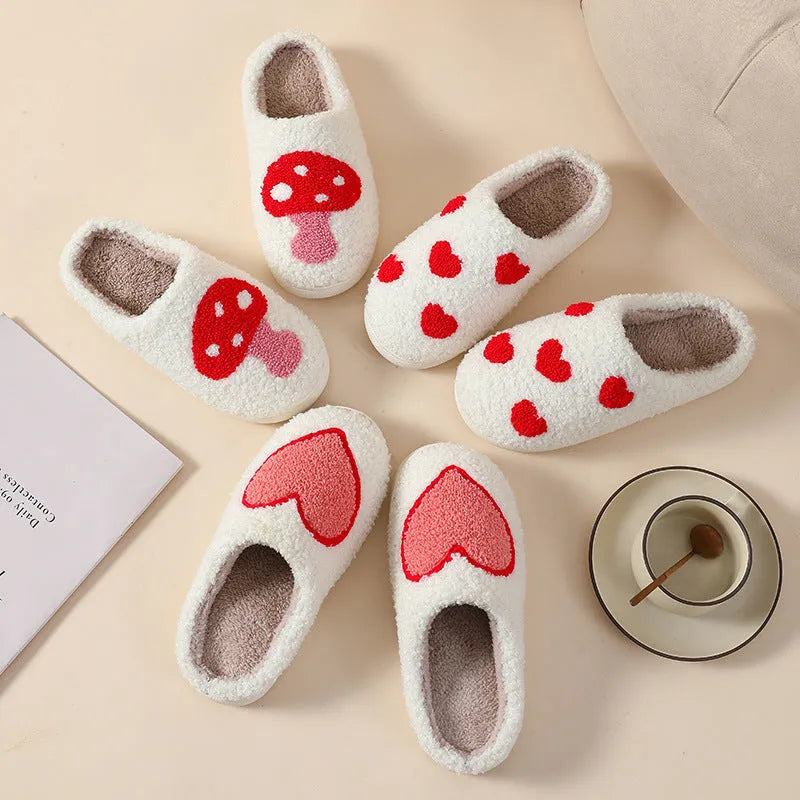 Plush cartoon love style slippers for women with non-slip PVC sole