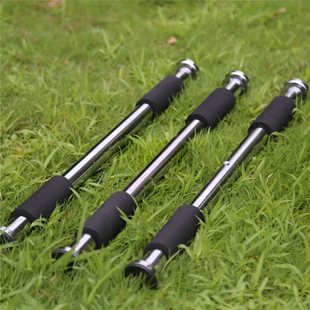 Steel pull-up bar device showing adjustable width mechanism from 62 to 100 centimetres