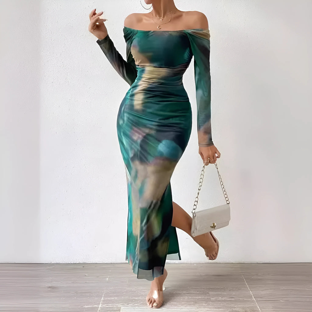 Women's printed mesh fishtail dress with square collar in gradient colours