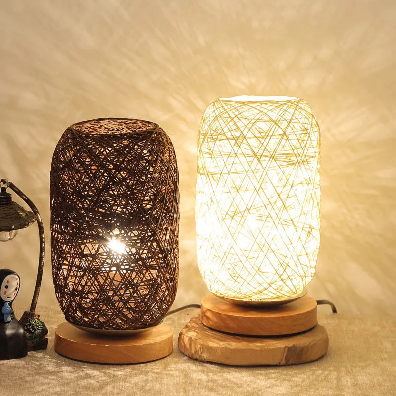 Brown hemp rope wrapped desk lamp with solid wood base and Sepak Takraw ball design