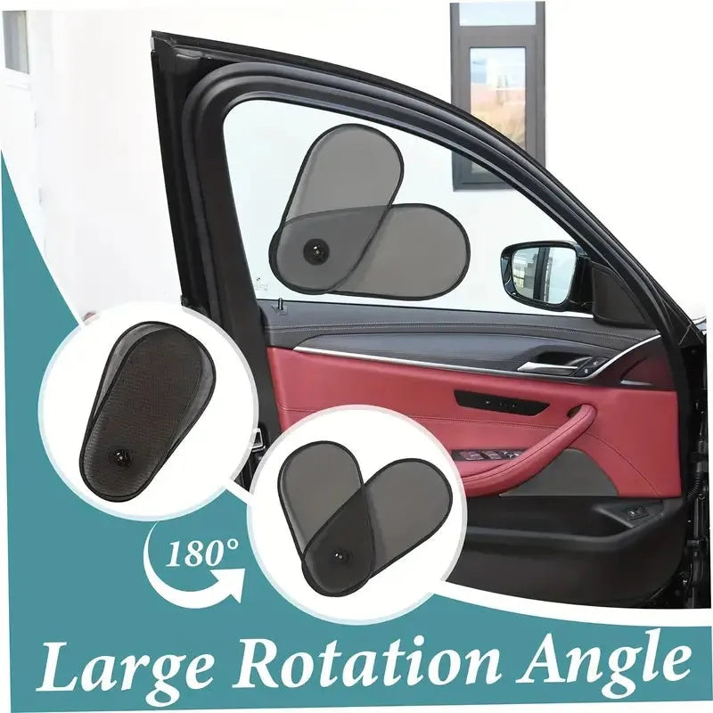 Black stretchy car window shade with suction cups attached to a side window.