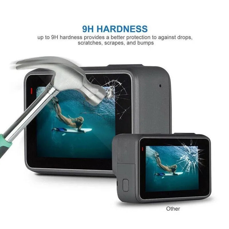 Transparent 9H tempered glass screen and lens protector films for GoPro Hero 5, 6, and 7 cameras.