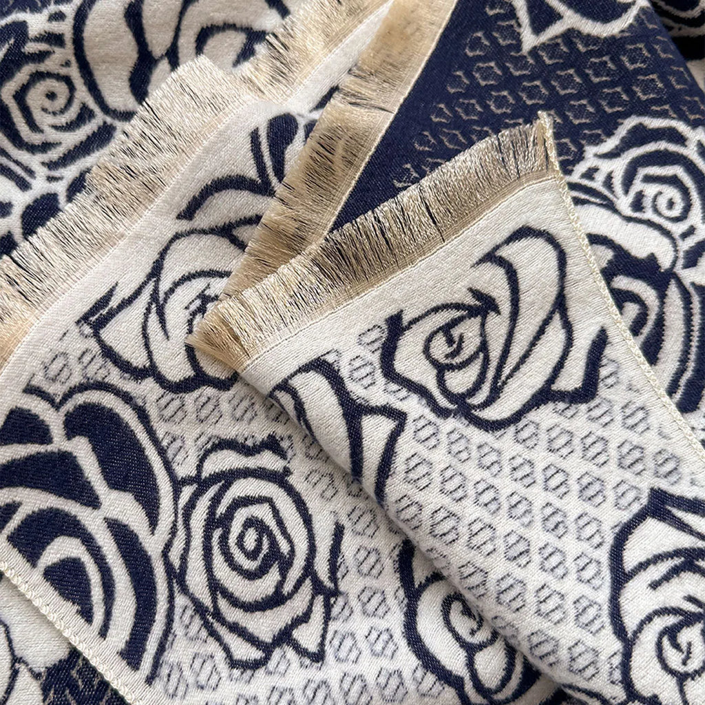 Imitation cashmere winter scarf with tassels showing grey, black, blue, and khaki colour options