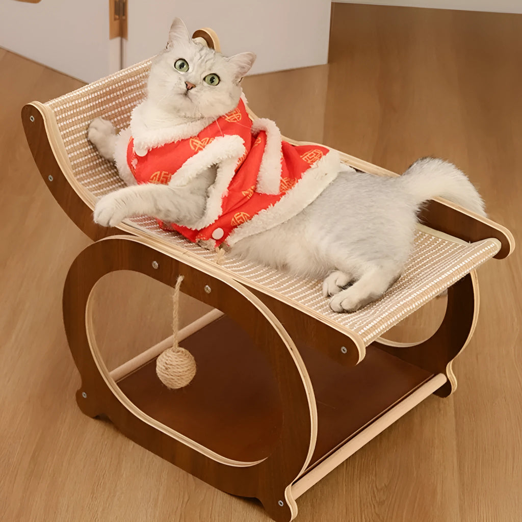 Solid wood cat scratching bed with sisal mat surface in walnut wood colour finish