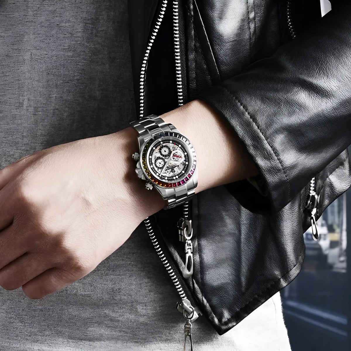 Transparent men's mechanical watch with 40mm dial, sapphire crystal glass, stainless steel clasp, and steel belt or tape strap.