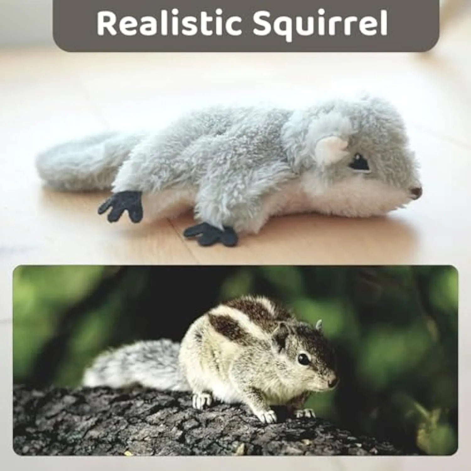 Grey flapping squirrel cat toy with USB charging cable on floor