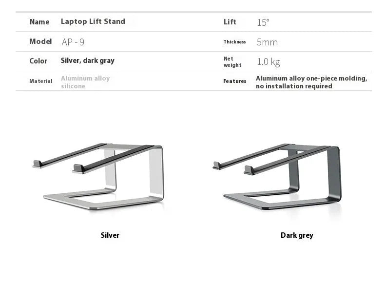 Black aluminium alloy laptop stand on a desk, showing its size and solid base plate.