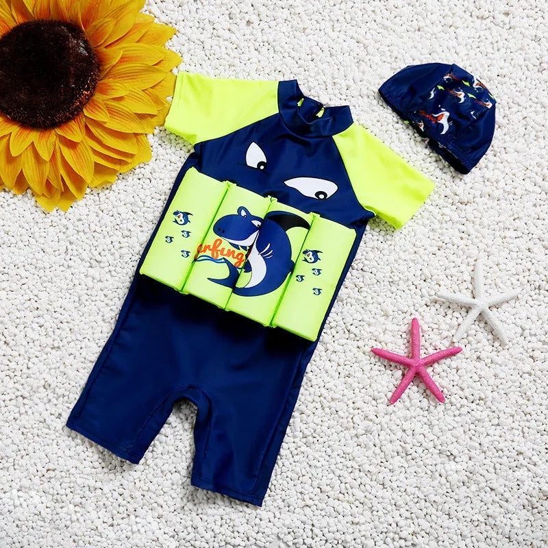 Shark boy cartoon plaid design children's buoyancy swimsuit with sun protection for pool safety