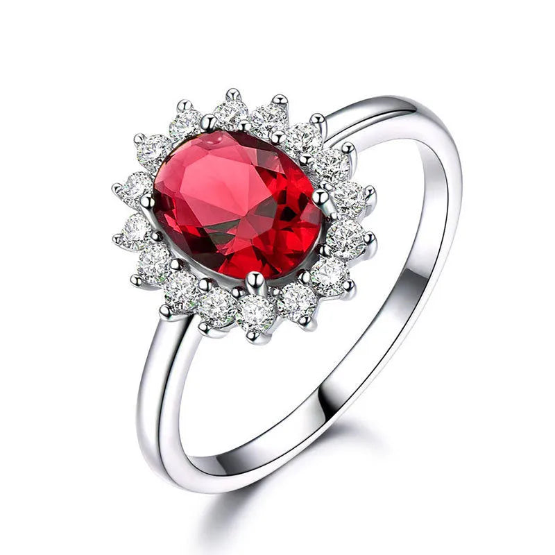 Women's blue moissanite flower ring in electroplated copper with inlaid zirconium, shown in green, blue, or red.