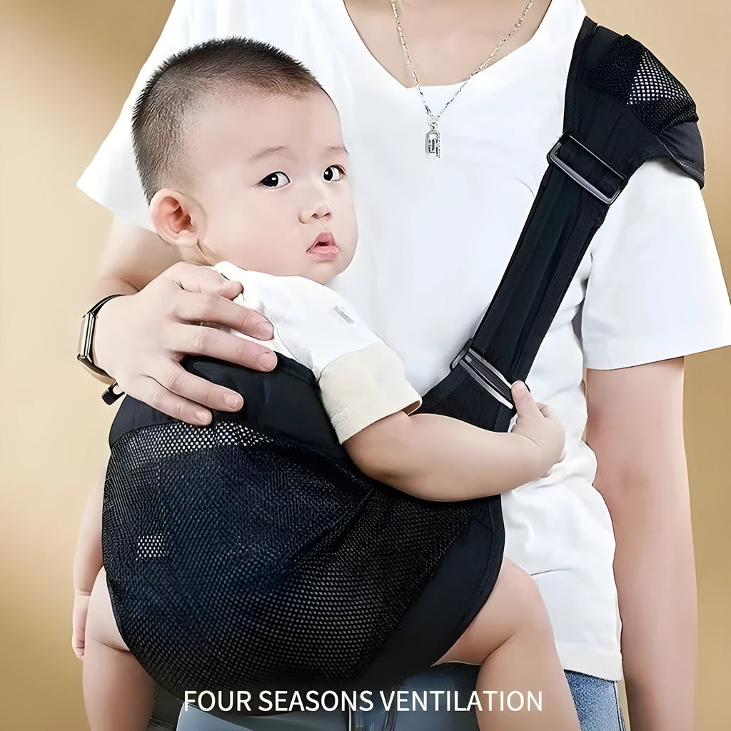 Fabric baby carrier waist stool shown in gray colour, designed for hands-free carrying of infants and toddlers