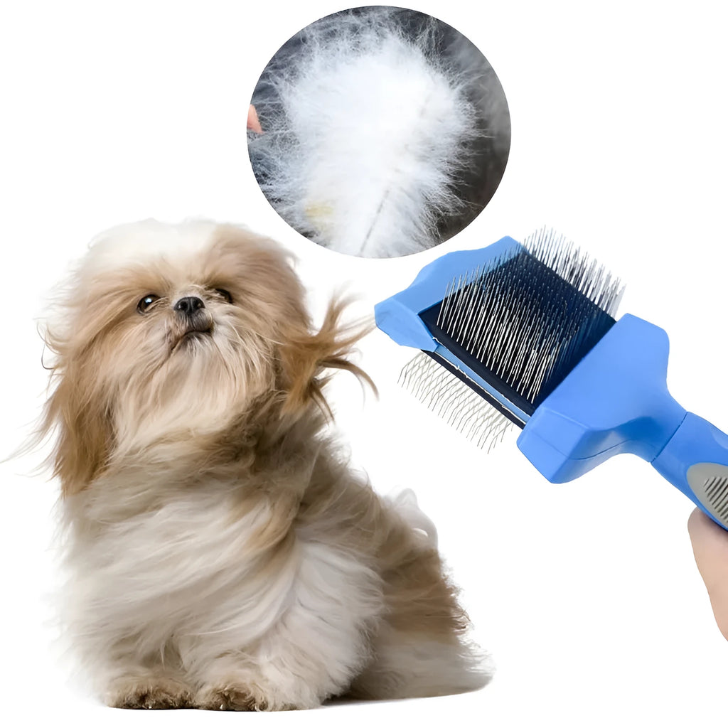 Blue double-sided pet brush with stainless steel pins and ergonomic handle for dog and cat grooming