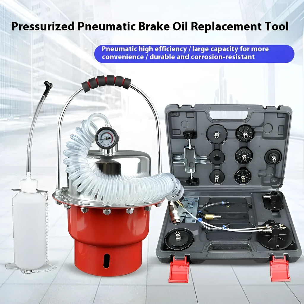 Pneumatic brake fluid replacement pumping tool with large tank and pressure gauge
