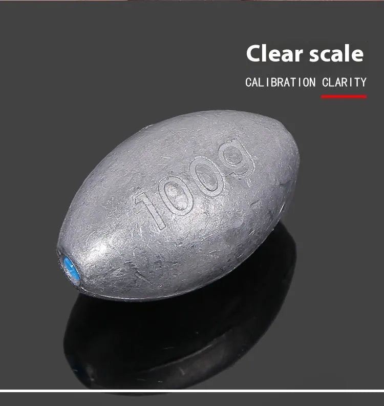Rugby-shaped olive green lead fishing sinker with plastic core, shown with weight options from 10g to 150g.