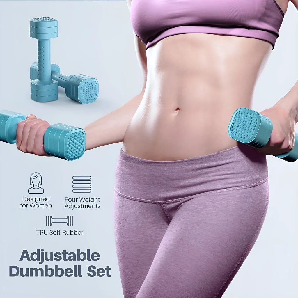 Pink and blue detachable dumbbell set for women's fitness on a plain background.