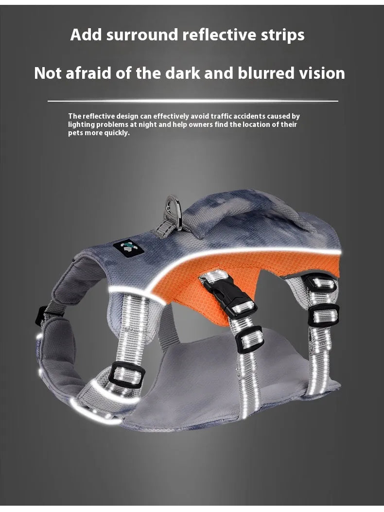 Reflective light blue dog chest strap shown on a dog for size and fit.
