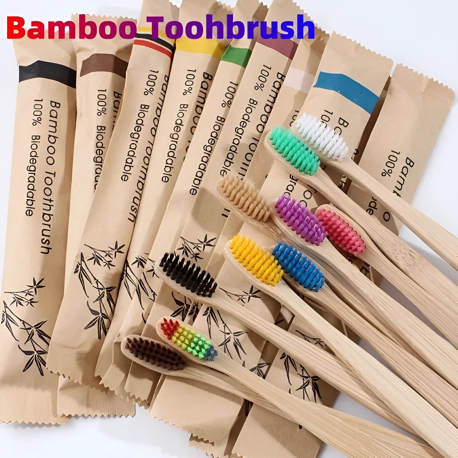Ten bamboo toothbrushes with coloured handles and charcoal bristles laid out side by side.