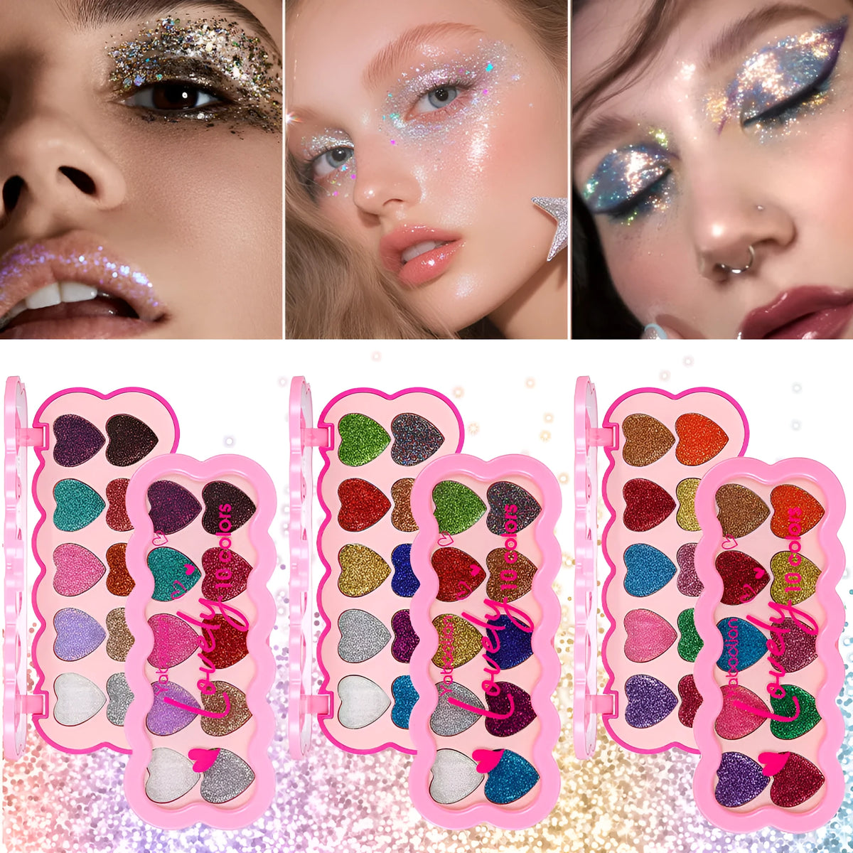 Pearlescent Heart ten-color sequins eye shadow palette open showing shades including coral, blue and purple.
