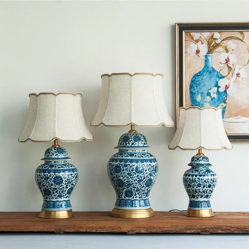 Chinese blue and white porcelain table lamp with ceramic base and cloth shade
