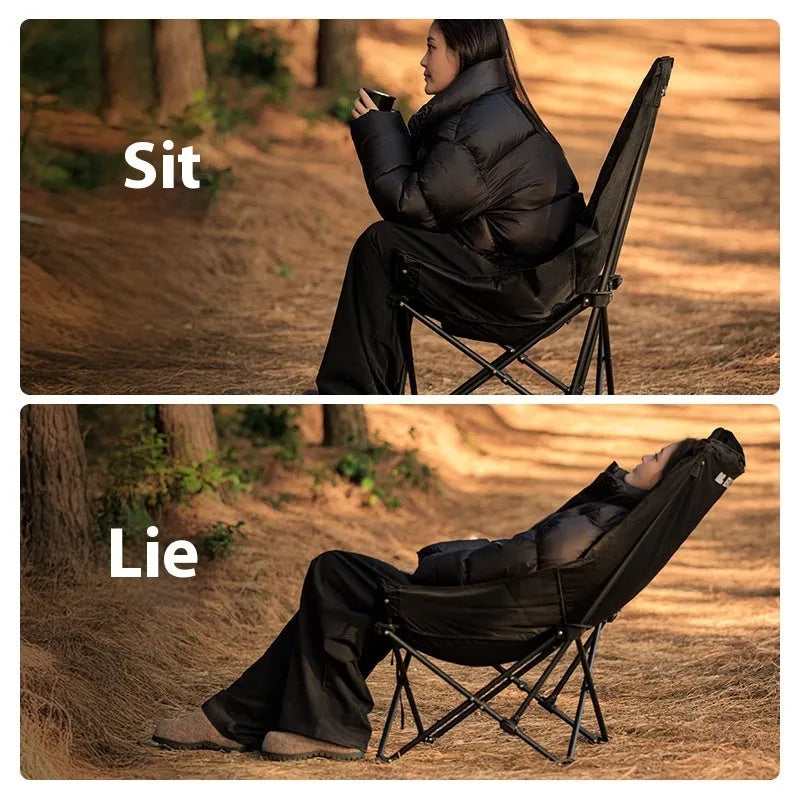 Night black camping recliner chair folded and unfolded showing Oxford cloth material and moon chair design