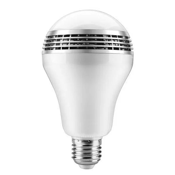 Smart LED Bluetooth speaker light bulb with E27 base and white PC casing.