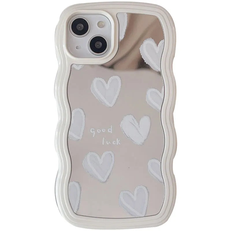 White wave edge silicone phone case with heart mirror and bracelet for Samsung Galaxy models
