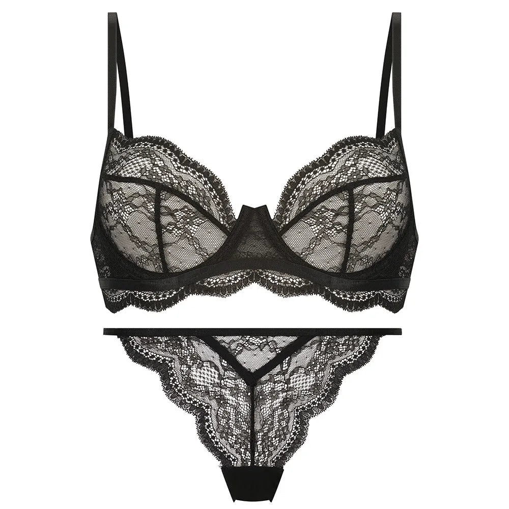 Women's black French bra bikini set with fixed double shoulder straps on a mannequin.