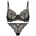 Women's black French bra bikini set with fixed double shoulder straps on a mannequin.