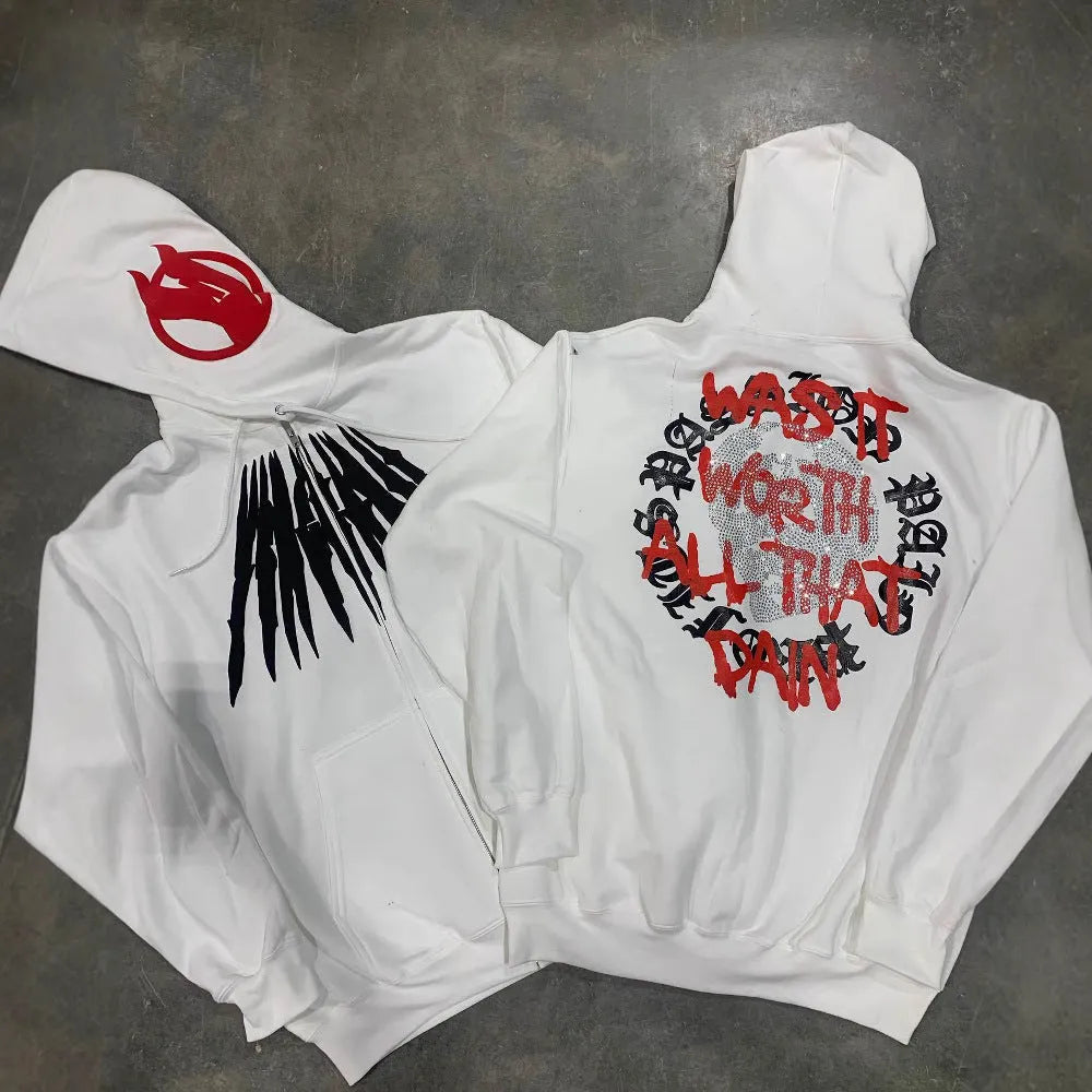 Printed letter skull pattern hooded sweatshirt with rhinestone details in black or white loose cardigan style