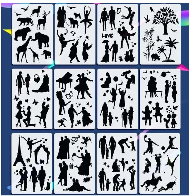 White drawing stencil set showing assorted artistic patterns including geometric shapes and mandala designs