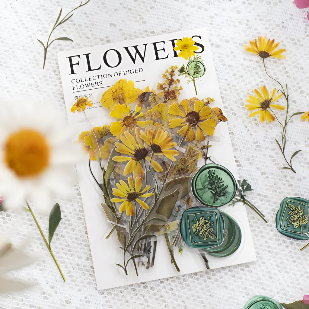 Fire Paint Creative dried flower journal sticker set showing 40 sheets with 160 PET stickers in 8 colour styles.